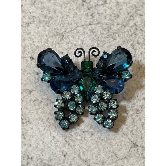 Vintage Weiss sign butterfly brooch blue green turquoise gunmetal pin figural - Picture 3 of 5